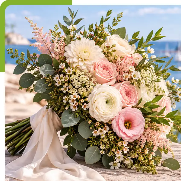 Romantic bridal bouquet of blush roses, white ranunculus, pink lisianthus, white blooms, delicate filler flowers, eucalyptus, and greenery resting on a stone ledge overlooking a coastal harbor from Shoreline Florist in Old Saybrook, CT